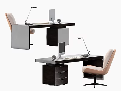 Modern Office Desk With Dark Wood Computer Monitor Desk Lamp Light Pink Chair And Drawers 3d model