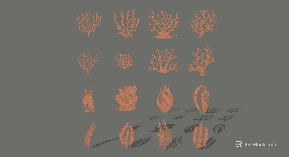 Nature Inspired Decorative Ornament Set With Coral Leaves Shell And Fern Shaped Pieces 3d model 