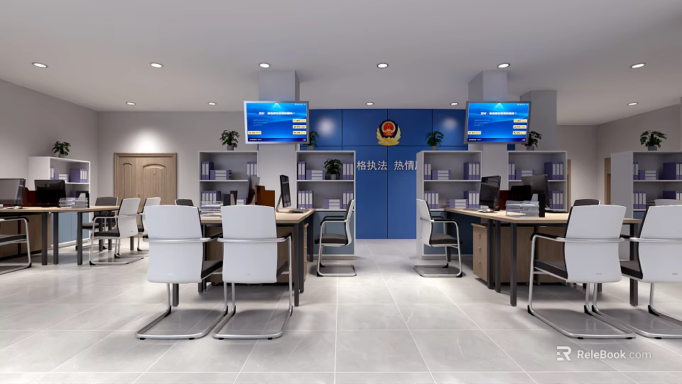 Public Office Area for China Telecom Hotline with Desks Computers Screens Bookshelves Plants Modern Design 3d model 