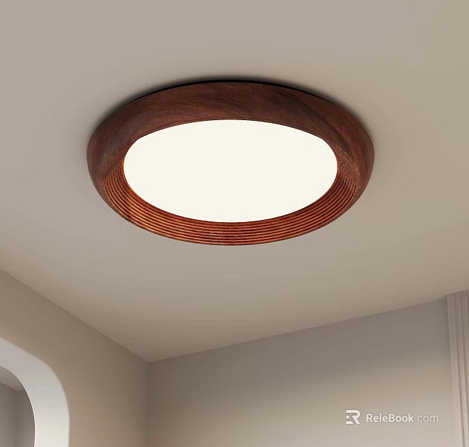 Round Wooden Framed Ceiling Light With White Shade In Modern Interior 3d model
