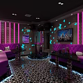 Modern KTV Interior Design With Colorful Lighting Grey Sofas Bar Stools And Wall TV 3d model