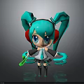 Cute Anime Character 3D Model With Teal Pigtails Red Headphones Blue Eyes And Green Microphone