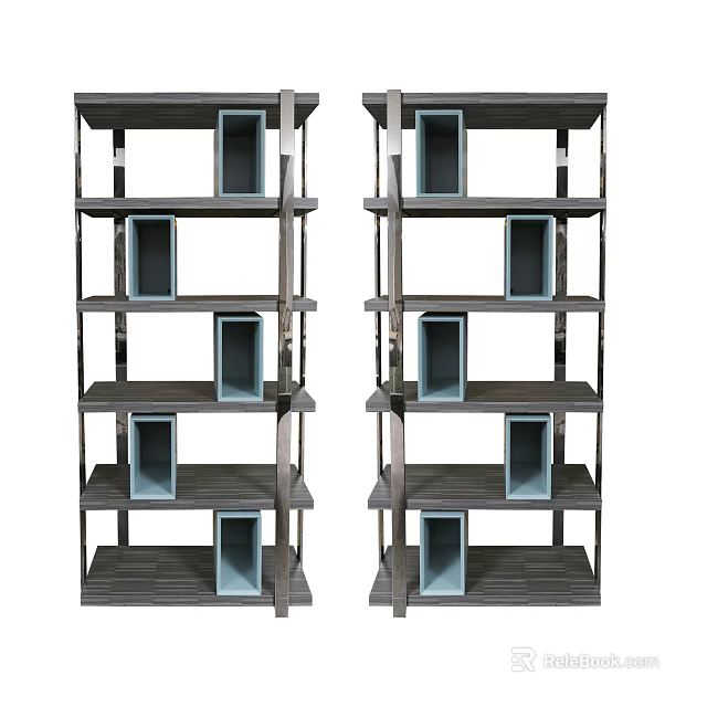 Double Dark Wood Bookcase With Multiple Shelves And Blue Storage Compartments 3d model 