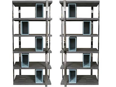 Double Dark Wood Bookcase With Multiple Shelves And Blue Storage Compartments 3d model