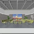 Conference Room Interior With Long Table Yellow Chairs Large Painting World Map And Green Plants