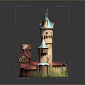 Cartoon Castle Scene With Blue Spire Brown Tower And Green Base
