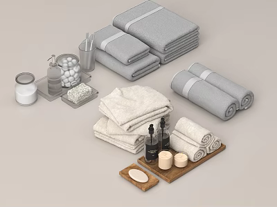 Gray and Beige Towels Folded and Rolled with Bath Products Bottles Candles Soap and Tray 3d model