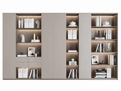 Modern Bookcase Interior Design With Multiple Compartments Books Sculptures Vases And Decorative Items 3d model