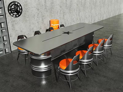Industrial Style Gray Metal Table With Orange Seat Black Leg Chairs In Modern Workspace 3d model