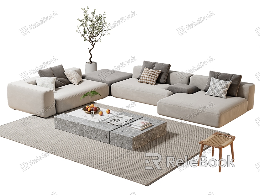 Simple Sofa Coffee Table Combination Italian Style Light Luxury Sofa Cream Style Coffee Table Rattan Stool Potted Fruit model