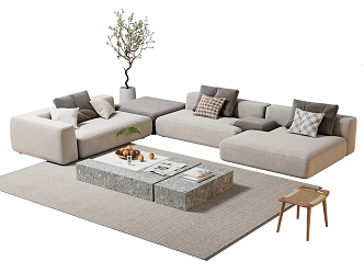 Simple Sofa Coffee Table Combination Italian Style Light Luxury Sofa Cream Style Coffee Table Rattan Stool Potted Fruit 3d model