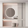 Modern Minimalist Dressing Table With Round Backlit Mirror And Light Colored Cabinets 3d model
