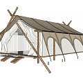 Traditional Camping Tent with Wooden Frame Beige White Fabric Arched Design Spacious Entrance and Steps