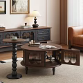 Round Wooden Coffee Table With Open Book Tray And Small Side Table By Leather Sofa