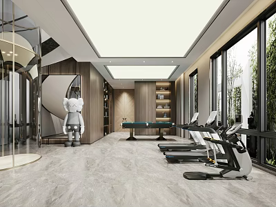 Modern Home Gym And Recreation Room With Fitness Equipment Billiard Table Sculpture And Large Windows 3d model
