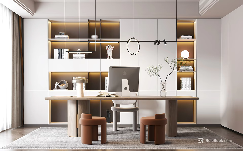 Modern Study Room Interior Design With White Cabinets Bookshelf Computer And Table Lamp 3d model