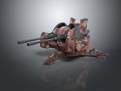 Rusty Red Twin Barrel Heavy Weapon With Mechanical Structure And Tracked Base 3d model