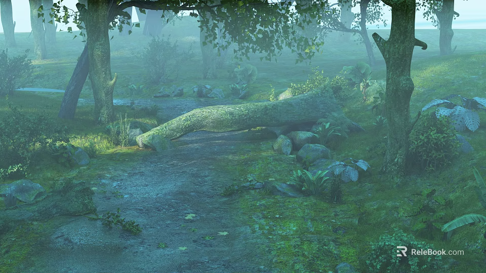 Misty Forest Landscape With Fallen Tree Trunk Green Grass And Rocks 3d model