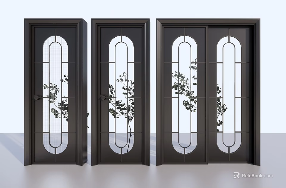 Modern Black Swing Doors With Arched Glass And Branch Pattern Design 3d model 