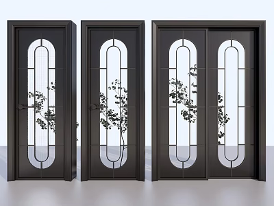 Modern Black Swing Doors With Arched Glass And Branch Pattern Design 3d model