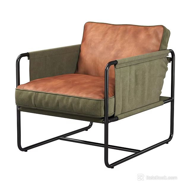 Modern Single Sofa With Green Fabric Brown Leather And Black Metal Frame 3d model 