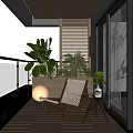 Modern Home Balcony With Lounge Chair Green Plants Wooden Floor Warm Lighting And Lake View