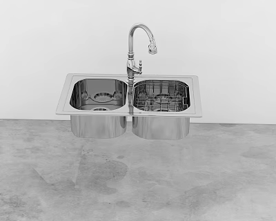 Stainless Steel Double Bowl Kitchen Sink With Modern Faucet And Drainage 3d model