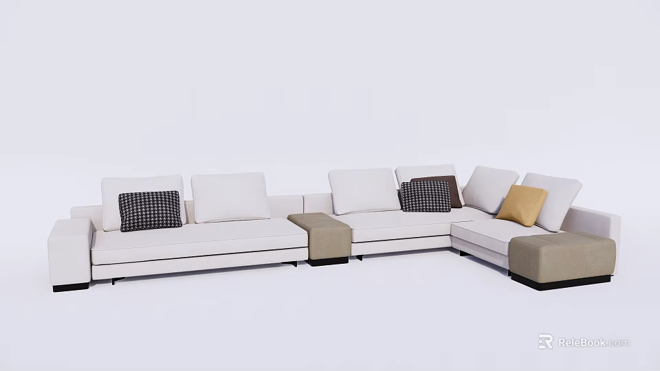White Modern Sectional Sofa With Decorative Pillows And Matching Ottomans 3d model