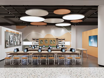 Modern School Classroom Interior With Computers Desks Chairs And Pendant Lights 3d model