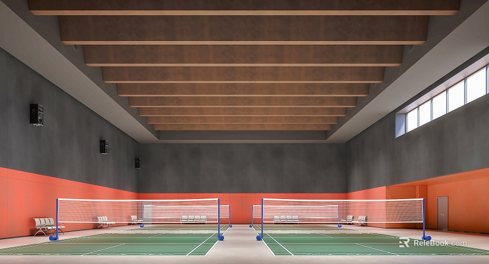 Indoor Badminton Court With Multiple Courts Nets And Ceiling Beams 3d model 
