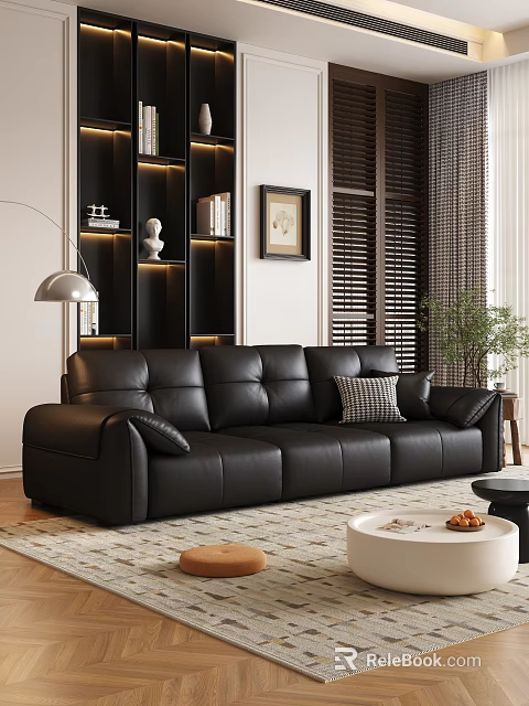 Modern Black Leather Sofa Coffee Table Set with Pillow Rug and Living Plant 3d model 