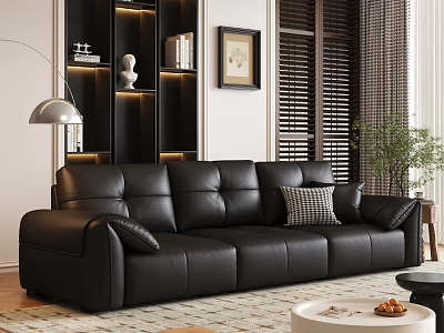 Modern Black Leather Sofa Coffee Table Set with Pillow Rug and Living Plant 3d model