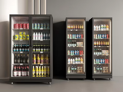 Three Commercial Glass Door Refrigerators Filled with Assorted Beverages in Retail 3d model