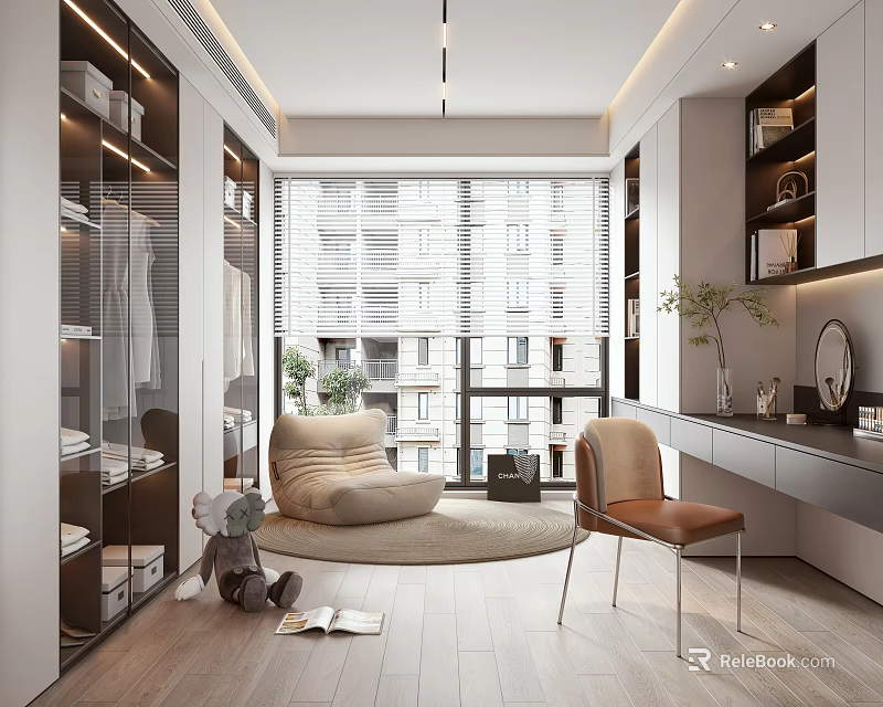Modern Walk-in Closet Interior Design With Glass Door Cabinets Seating Window And Wooden Floor 3d model 