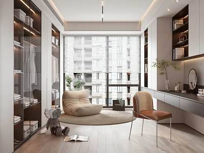 Modern Walk-in Closet Interior Design With Glass Door Cabinets Seating Window And Wooden Floor 3d model