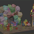 Detailed Rustic Themed Scene Setup With Rock Formation Wooden Tables Logs And Tower Structure