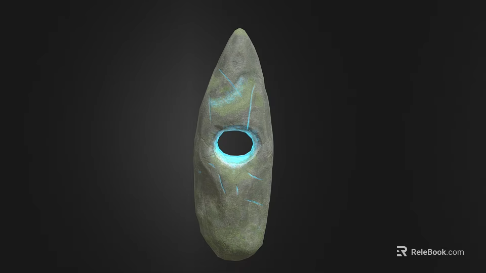 Grayish Green Stone With Central Hole And Blue Glow Inside Surface Veins On Black Background 3d model 