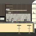 Modern Kitchen Interior With Dark Wooden Cabinets Marble Countertop Bar Stools And Lighting