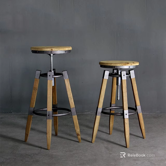 Wooden Bar Stools With Round Seat And Metal Frame In Modern Industrial Style 3d model 