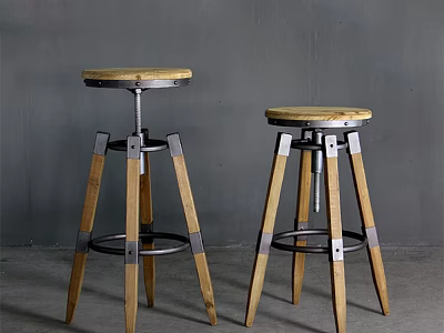 Wooden Bar Stools With Round Seat And Metal Frame In Modern Industrial Style 3d model
