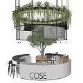 Stylish Bar Counter With Perforated Metal Decor Greenery Hanging Lights And Wooden Barrels