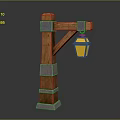 Rustic Wooden Street Lamp Post With Metal Crossbeam And Yellow Lantern Shade