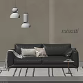 Modern Black Two Seater Sofa with Pillows Blanket and Minotti Pendant Lights