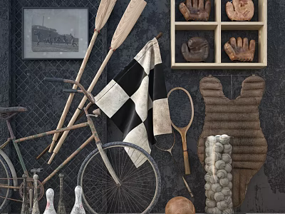 Vintage Sports Equipment Display With Bicycle Paddles Tennis Racket Baseball Gloves And Balls 3d model