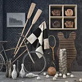 Vintage Sports Equipment Display With Bicycle Paddles Tennis Racket Baseball Gloves And Balls