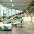 Modern Front Desk Reception Area with Green Plants Circular Decor and Sofa