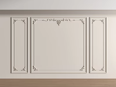 Light TV Background Wall Three Panel Design With Decorative Frames Intricate Patterns And Wooden Floor 3d model