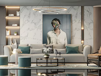Modern Sofa Coffee Table Set with Green Cushions Marble Wall Decorative Painting and Lighting 3d model