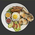 Plate of Assorted Food With Fried Chicken Fried Egg Prawn Crackers Tomato Lettuce And Sauces