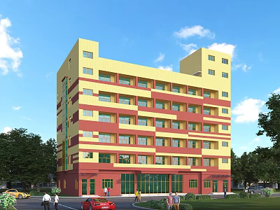 Yellow and Red Multi Story School Building Surrounded by Trees and Cars Nearby 3d model